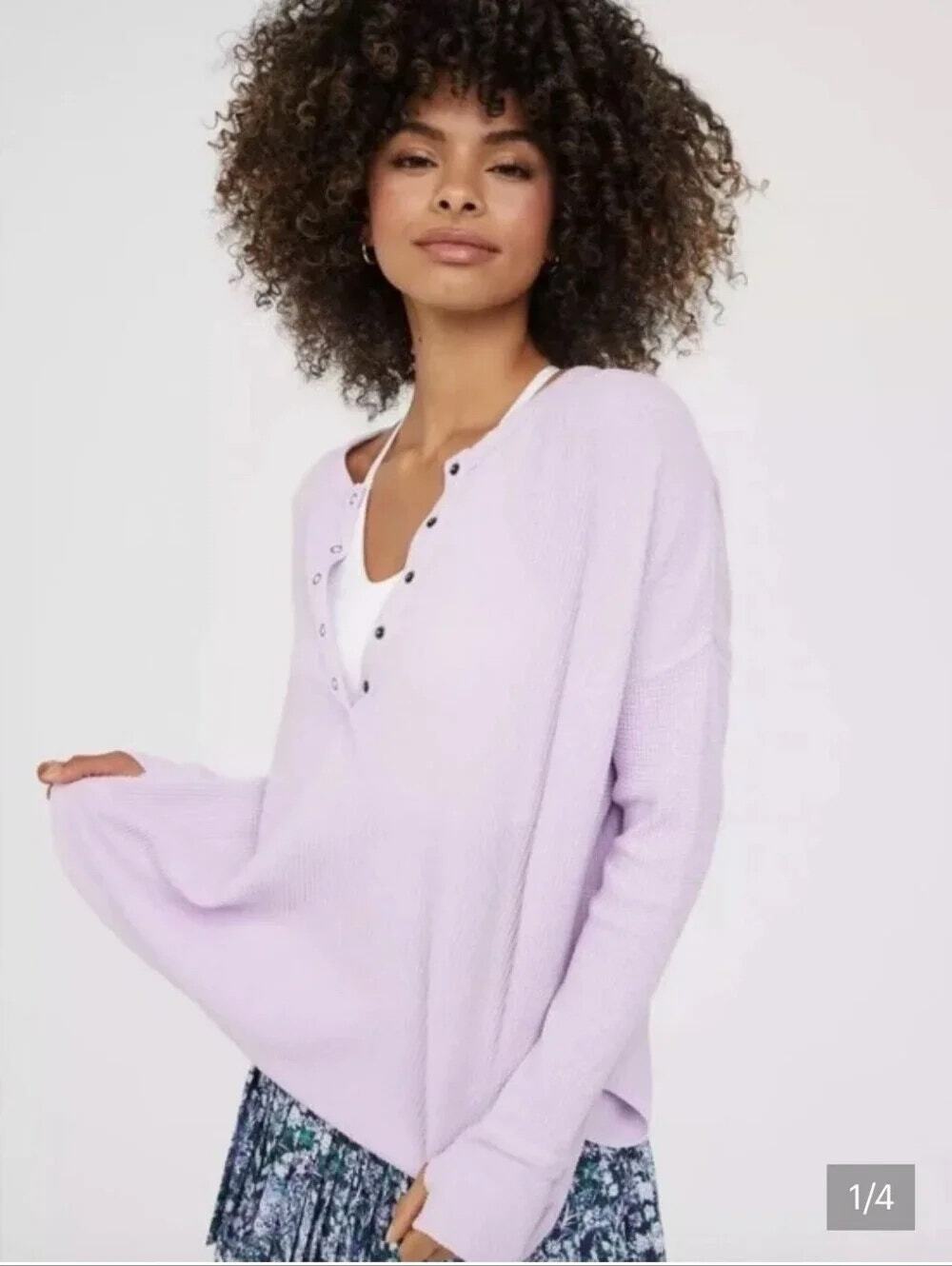 Offline by Aerie Thermal Waffle Oversized Henley Thumbhole Top Pastel Purple S